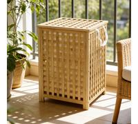 Gr8 Home Bamboo Laundry Basket 120L with Lid and Removable Liner, Large Clothes Hamper Bin, Ventilated Slatted Design, Natural, 45x45x62cm