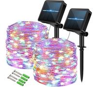 120LED Solar Fairy Lights, 2 Packs 12M Solar Lights Outdoor Garden，8 Modes Waterproof Copper Wire String Lights for Wedding Garden Party (Multi-Color)