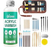 120ML Air Dry Clay Glaze & 28pcs Clay Tool Kit, Gloss Clay Varnish Protective Sealant to Prevent Cracking, Scratching & Wear - Pottery Tools for Stippling, Carving, Molding & Shaping Clay Crafts