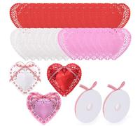 120Pc Valentines Day Craft Gift Paper Heart Doilies 6 X 6" Lace Paper Doily Valentine’s Heart Pouches with 2 roll Red Gingham Ribbon, 3/8" x 50Yd for Valentines Day Wedding Party Decorations(6 Inch)