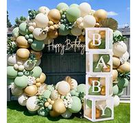120pcs Baby Shower Decorations Boy Girl - 4Pcs Transparent Balloon Boxes and 112Pcs Green White Gold Balloons Arch Kit for Sage Green Baby Shower Decorations, Christening, Gender Reveal Party Supplies