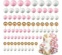 120Pcs Ball Cake Topper Decorations, BetterJonny Mini Balloons Cake Topper Sticks Foam Balls Cake Picks Insert Topper for Birthday Baby Shower Wedding Party Cake Decorating（White, Gold, Pink）