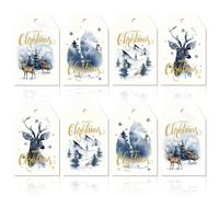 120Pcs Christmas Paper Gift Tags Blue Watercolor Merry Christmas Tree Elk Hanging Labels with Hemp Ropes 4 Designs Winter Hanging Paper Tags for Xmas Art Craft Holiday Present Party Supplies