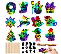 120Pcs Christmas Scratch Art Set,Christmas Crafts Kits,48Pcs Christmas DIY Rainbow Magic Scratch Cards,48Pcs Ribbons,24Pcs Wooden Sticks,Xmas Hanging Ornaments Deco for Kids Christmas Party Favor