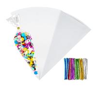 120PCS Cone Cellophane Bags 25 x 13 cm,Plastic Popcorn Clear Cone Bags for Party, Clear Cone Shaped Treat Bags with Twist Ties