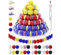 120PCS FIVEIZERO Rhinestone Beads for Baseball Necklace Bracelets Jewelry Making, 10mm Sparkly Round Crystal Clay Beads Rhinestone Spacers for Bracelets and DIY Crafts(Red Yellow Blue)