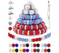 120PCS FIVEIZERO Rhinestone Beads for Baseball Necklace Bracelets Jewelry Making, 10mm Sparkly Round Crystal Clay Beads Rhinestone Spacers for Bracelets and DIY Crafts(Sky Blue Red White)