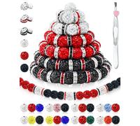 120PCS FIVEIZERO Rhinestone Beads for Baseball Necklace Bracelets Jewelry Making, 10mm Sparkly Round Crystal Clay Beads Rhinestone Spacer for Bracelets and DIY Crafts(Black White Red)