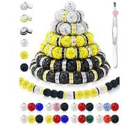 120PCS FIVEIZERO Rhinestone Beads for Baseball Necklace Bracelets Jewelry Making, 10mm Sparkly Round Crystal Clay Beads Rhinestone Spacers for Bracelets and DIY Crafts(Black White Yellow)