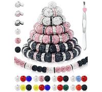120PCS FIVEIZERO Rhinestone Beads for Baseball Necklace Bracelets Jewelry Making, 10mm Sparkly Round Crystal Clay Beads Rhinestone Spacer for Bracelets and DIY Crafts(Black White Pink)