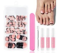 120Pcs French False Toenails Tips, 12 Sizes Short Fake Toe Nails Square Nude Pink Press on Toenails, Glossy Black Deep Arc Stick on Toenails, Natural Full Cover Acrylic Toe Nails with Glue for Women