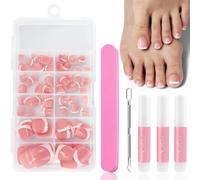 120Pcs French Press on Toenails Kit, Glossy Nude Square False Toe Nails with Glue, Short Fake Toe Nails Tip White Deep Arc Acrylic Stick on Toenails for Women Girls Nail Art DIY - 12 Sizes
