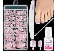 120PCs French Tip Fake Toe Nails Kit, Artificial Acrylic Stick On Toenails, Nude Pink Short Square False Toenails Set, With Glue & Nail File - Full Cover Glue On Nails For Women Gilrs