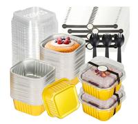 120Pcs Mini Cake Pans with Lids, 5oz Square Aluminum Foil Brownie Baking Cups, Small Cake Tins with Lids, Individual Mini Disposable Loaf Pans Ramekins Cupcake Containers - GOLD