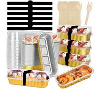120pcs Mini Loaf Pans with Lids and Spoons, 200ml Rectangular Aluminum Foil Baking Pans Mini Cake Tins Containers with Sealing Sticker for Bread Cake Wedding Birthday Picnic Party (SET OF 30) (Gold)