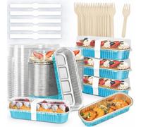 120pcs Mini Loaf Pans with Lids and Spoons, 200ml Rectangular Aluminum Foil Baking Pans Mini Cake Tins Containers with Sealing Sticker for Bread Cake Wedding Birthday Picnic Party (SET OF 30) (Blue)