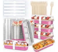 120pcs Mini Loaf Pans with Lids and Spoons, 200ml Rectangular Aluminum Foil Baking Pans Mini Cake Tins Containers with Sealing Sticker for Bread Cake Wedding Birthday Picnic Party (SET OF 30) (Pink)