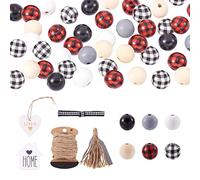 120Pcs Natural Round Wood Beads with Jute Cord, Wood Pendants & Ribbon,20mm Large Hole European Beads with Plaid Pattern for Jewellery Making