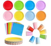120pcs Rainbow Party Plates Cups and Napkins for 40 Guests | 7-inch 8-color scalloped plates, cups, napkins, kids birthday, school fair, family celebration, garden party