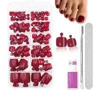 120pcs Red Press On Toenails - 12 Sizes Burgundy French Tip False Toenails With Glue Nail File Pusher - Glossy Acrylic Full Cover Fake Toenails - Stick On Toenails For Women Home Diy Gift Manicure