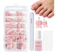 120Pcs Toe Nails False Kit - French Tip Press on Toenails Kit - Square Jelly Pink Fake Toenails In 12 Sizes With Nail Glue & File Set - White French Tip Design For Vacation & Party