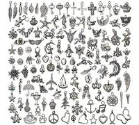 120PCS Wholesale Bulk Lots Jewelry Making Silver Charms Mixed Smooth Tibetan Silver Metal Charms Pendants DIY for Necklace Bracelet Jewelry Making and Crafting