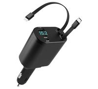 120W Retractable Car Charger 12V/24V, 3-Port Car Charger Adapter with Dual USB-C PD & USB-A, Retractable Cable Car Phone Charger with LED Voltage Display for Car SUV Truck