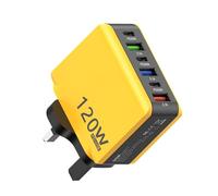 120W UK plug Fast Charger with 3 USB Ports+3PD ports-Compact White UK Plug Wall Charger for iphone 16/15/14/13/12 Pro max,Samsung Galaxy A56 A53 A36 5G/A16 5G (Yellow)