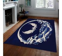 120x160cm Area Rug Phoenix Ocean Waves White Navy Blue Washable Rugs | Japanese Style Non Slip Low Pile Carpet Mythical Bird Soft Indoor Rug for Living Room