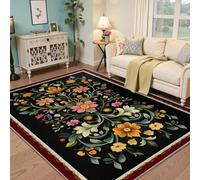 120x180 Area Rugs for Living Room Bedroom Vintage Floral Washable Rug Black Boho Folk Flower Pattern Area Rug Non Slip Low Pile Carpet for Indoor Dining Room Farmhouse Office Dorm