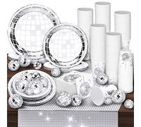 121 Pcs 70s 80s Disco Ball Bachelorette Party Decorations Disposable Paper Plates Napkins Cups Bachelorette Silver Balls Tableware Set for Wedding Cocktail Birthday Dancing Queen Party(Silver)
