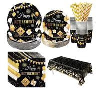 121-Piece Luxury Retirement Party Supplies - Black & Gold Farewell Tableware Set for 24 Guests | Premium Paper Plates, Napkins & Decorations | Elegant Retirement Gifts for Men & Women