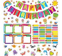 122 PCS Happy Birthday Bulletin Board Set, Birthday Banner/Month/Name Cards Decoration Flowers, Stars, Marine Animals Cut-outs Classroom Decorations Party Supplies for Kids Teachers Students