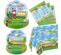 122Pcs Train 2nd Birthday Decorations, Including Paper Plates Napkins Tablecloth Chugga Chugga Two Two Birthday Party Decorations for Boys Transportation Party Supplies, Serve 40