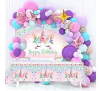 122pcs Unicorn Birthday Party Balloons Decorations, Unicorn Theme Balloon Arch Kit with Pink Purple Blue Balloons Tablecloth Background Banner, Pastel Balloon Arch Kit for Kids Party Decorations