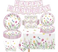 123 Pack Spring Flower Party Supplies Floral Paper Plates Banner, Tablecloth, Napkins Summer Wildflower Baby Shower Birthday Tableware Decorations for Spring Picnic Wedding Tea Party Serves 40