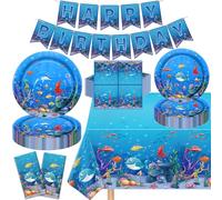 123 Pack Under The Sea Party Supplies Ocean Animal Birthday Party Decorations Set Ocean Themed Happy Birthday Supplies Include Plates, Napkins, Banner, Tablecloth for 40 Guests