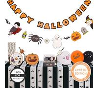 123 pcs Premium Quality Halloween Party Tableware Supplies - 20x Halloween Paper Plates, Cups, Napkins, Straws, Cupcake Toppers and Cases, Balloons, 2x Garlands,1x Tablecloth - LIMITED EDITION