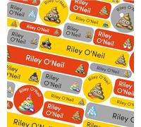 123 School Name Labels for Children No Iron Name Tags for Clothes Name Stickers for Water Bottles, Uniform, Secondary School, College, Care Homes, Washable and Dishwasher Safe (Emoji Poos)