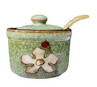 123Arts Ceramics Retro Flower Sugar Salt Pepper Storage Jar Seasoning Pot with Lid and Spoon