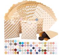 125 Pcs Kraft Paper Bags with 144pcs Stickers Candy Bags Paper Bag Packaging for Dessert Biscuits Chocolate Food Paper Pouch for Christmas Wedding