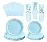 125 PCS Light Blue Paper Plates and Napkins, Disposable Party Tableware Set Includes Scalloped Plates, Cups & Straws, Dinnerware Set for Baby Shower, Wedding, Birthday