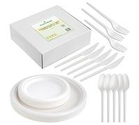 125 Pieces Disposable Tableware Set Sets for 25 People ~ Compostable & Biodegradable Party Setting Set ~ Bagasse Dinnerware Set ~ White 7" & 10" Paper Plates with Spoons Forks & Knives Sets