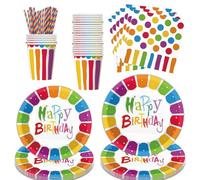 125 Pieces Rainbow Paper Plates Birthday Party Tableware Set, Disposable Cutlery Set Includes Coloured Paper Plates and Napkins Cups Straws for Kids Birthday Party Decorations - 25 Guests