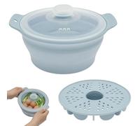 1250ml Silicone Microwave Steamer Cooker, Collapsible Food Steam Pot with Vented Lid and Detachable Rack, Heat Resistant Vegetable Seafood Soup Rice Cookware for Small Kitchens and Caravans(Blue)