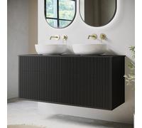 1250mm Black Wooden Fluted Wall Hung Double Countertop Vanity Unit with Basins - Matira