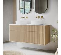 1250mm Wooden Fluted Wall Hung Double Countertop Vanity Unit with Basins - Matira