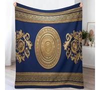 127 x 152 cm Fluffy Soft Throw Blanket, Baroque Luxury Flannel Throw Blanket Bed Blanket for Couch Living Room Sofa Travel, Greek Key Pattern Lines Easy Care and Machine Wash Blankets, Blue Gold