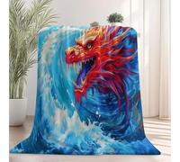 127 x 152 cm Printed Blanket - Soft Fleece Flannel Throw Blanket Lightweight Cute Comfy Warm Animation Oil Painting Cartoon Dragon Blankets for Couch Sofa Bed Office, Blue