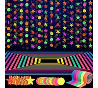 127ft Neon Party Supplies Set, 6 Colors 98.4ft UV Blacklight Reactive Tape, 29ft Neon Paper Garlands Circle Dots Stars Hanging Decorations for Birthday Wedding Glow Party Decorations